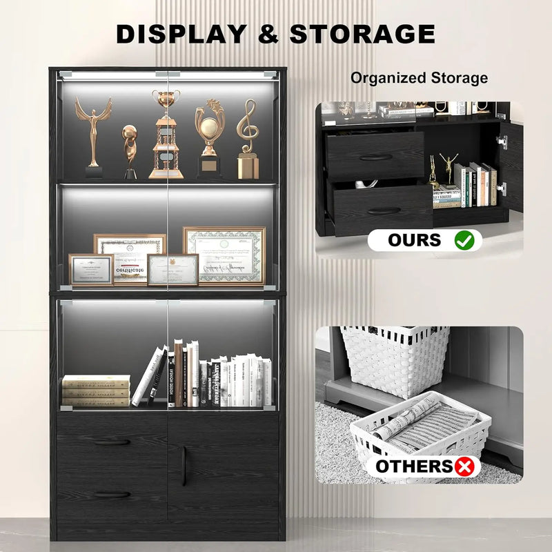 Display Cabinet with Glass Doors, 4-Tier Display Case with 3-Color Lights & Human Body Sensor, Storage Cabinets with 3 Shelves &