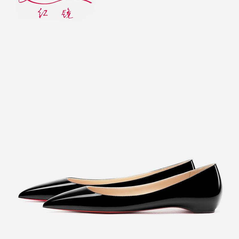 2025 New Style Pointed Bare Red Sole Flat Shoes Single Shoes Women's Lacquer Leather Inner Heightening Shallow Mouth Low Heels