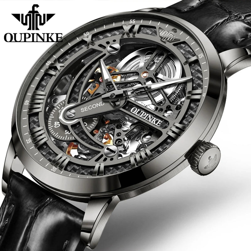 OUPINKE 3173 Fully Transparent Hollowed Automatic Mechanical Watches for Man Luxury Original Leather Strap Waterproof Mens Watch