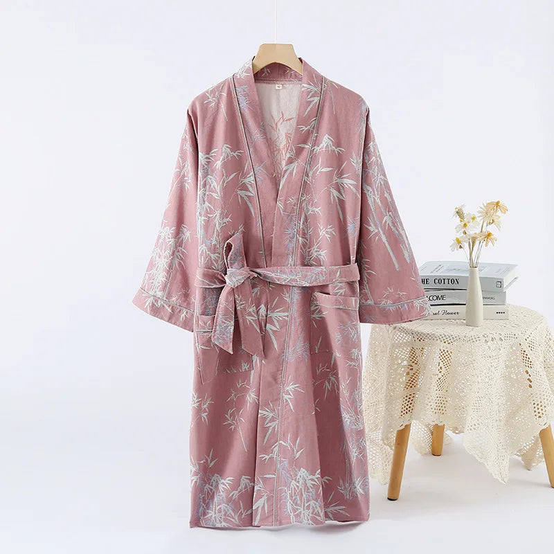 2026Couple's Printed Cotton Loose Fitting Bathrobe Japanese Style Tie Up Kimono Bathrobe Sweat Steaming Cotton Pajamas Robes Men