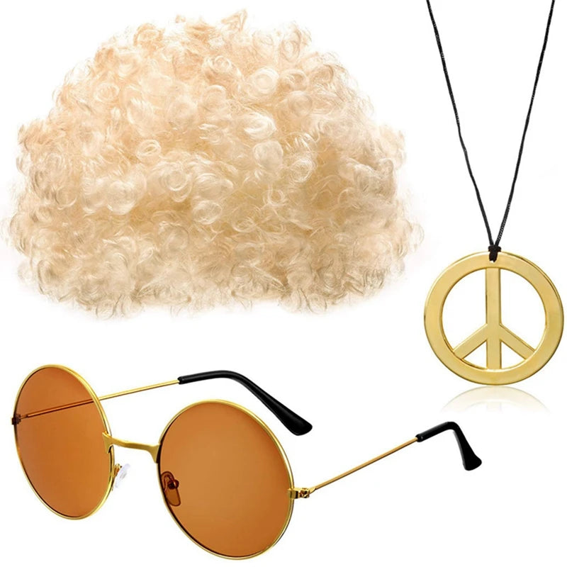 Men Synthetic Wig Hat Curly Hair Cap Sunglasses Necklace 3 PCS Set Funny 70s Disco Hippie Hair Props Party Hip Hop Dance Costume
