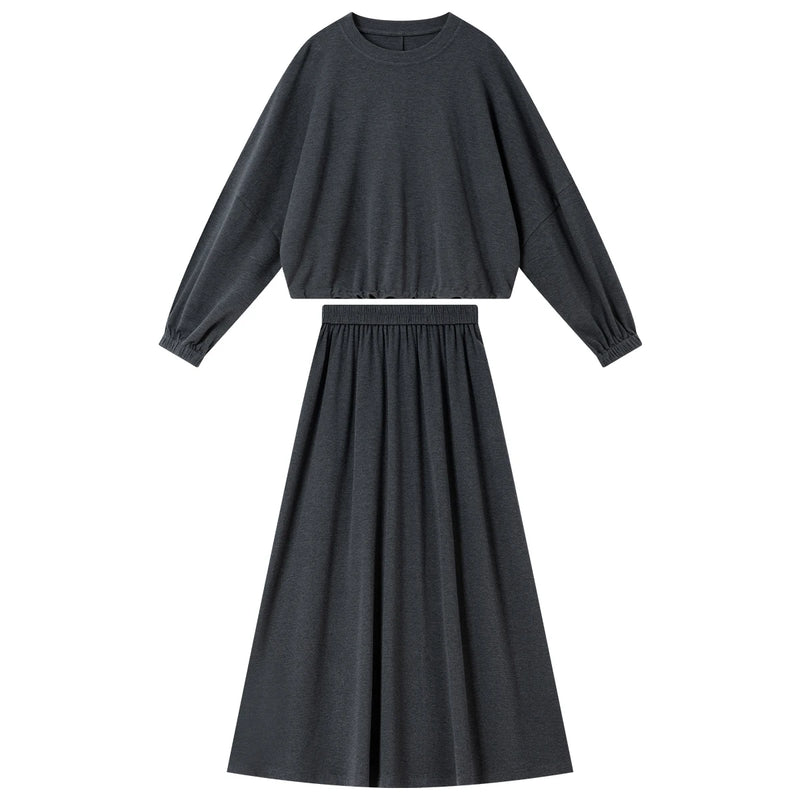 VIMLY Dark Gray Knit Two Piece Set 2026 Autumn Women Round Neck Top High Waist A-line Long Skirt Commuter Matching Outfit A0097