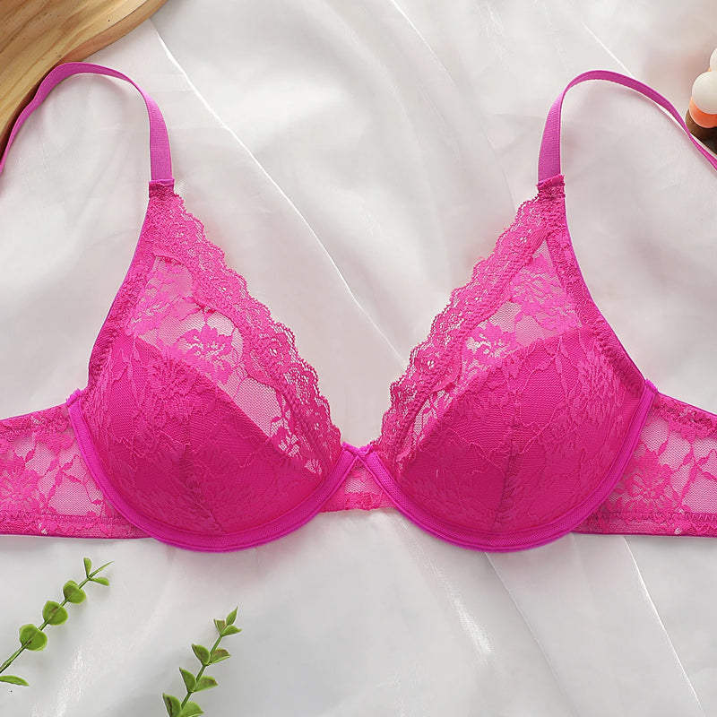 New fashionable rose red bra with steel ring lace thin sexy Lingerie semi transparent women's underwear 2635