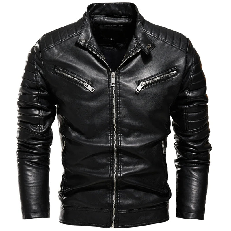 2025 Winter Black Leather Jacket Men Fur Lined Warm Motorcycle Jacket Slim Street Fashion BLack Biker Coat Pleated Design Zipper