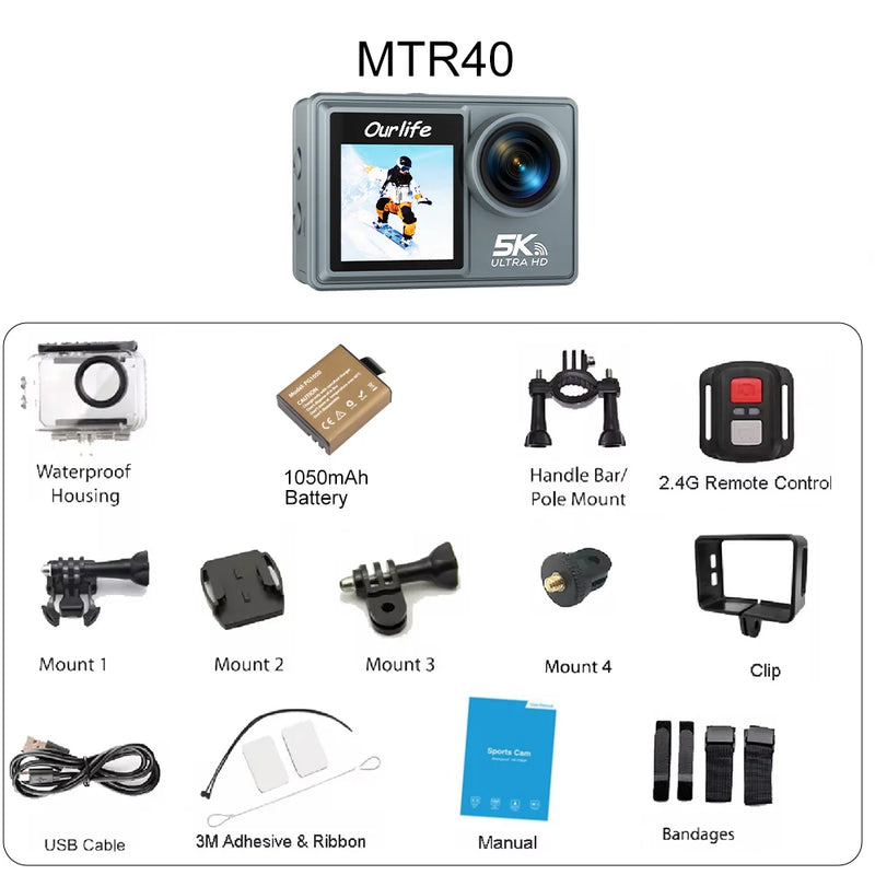 Ourlife MTR40 5K Action Camera 2" IPS Touch Screen 5X Zoom Action Cam 170° 30M Waterproof WiFi Sports Camera With Remote Control