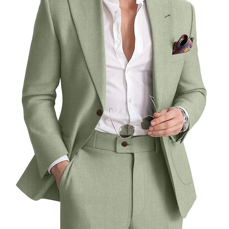 Mens Linen Suit 2 Piece Casual Suits for Men Summer Beach Groom Wedding Suit Linen Blazer Pants Set