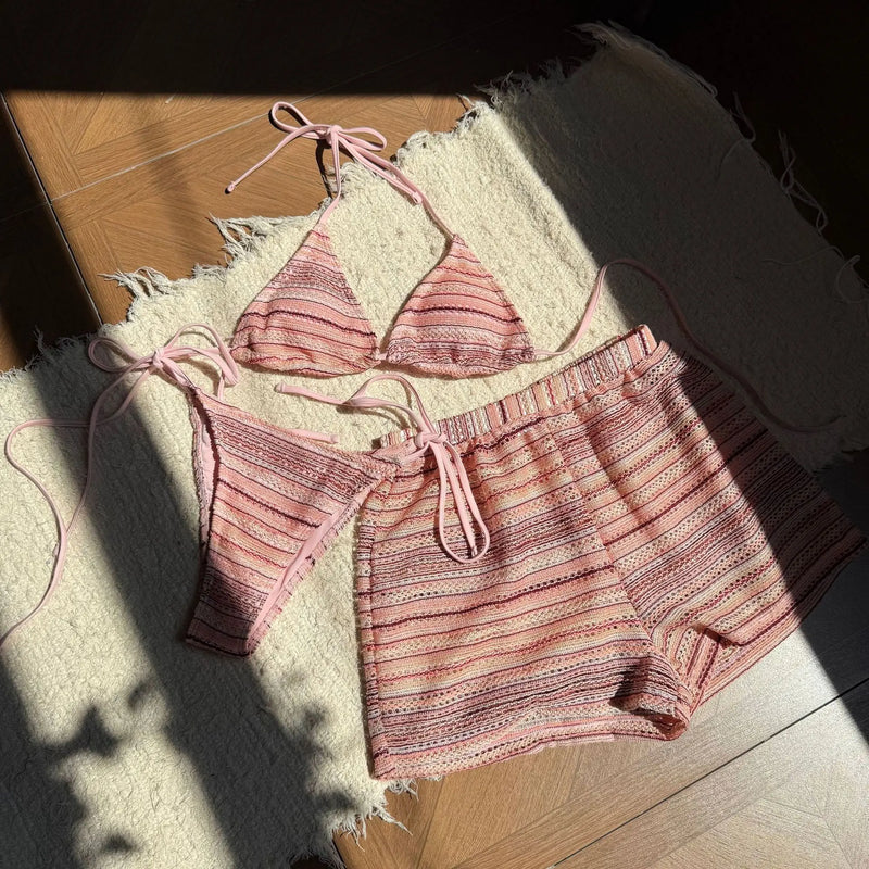 Sexy Knitted Striped Halter Tie Bikinis Sets Three Pieces | SAMAG