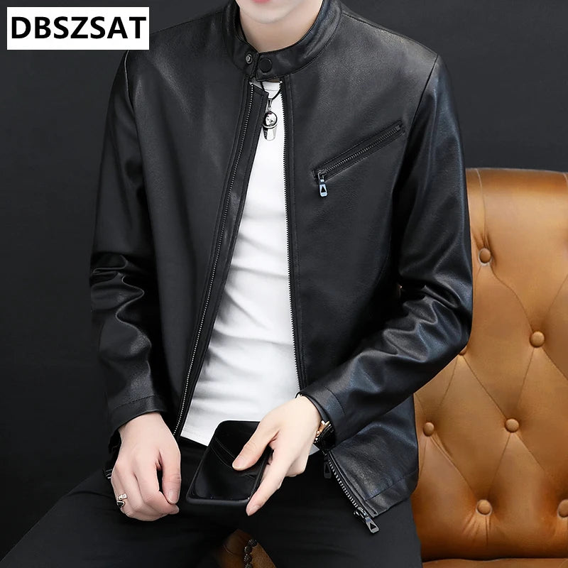 New Winter Faux Fur Collar Windproof Warm Coat Luxury Clothing Brand Chaqueta Cuero Hombre Vintage Brown Leather Jacket Men's