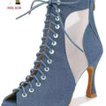 Adult Denim Latin Dance Shoes for Women Mesh Hollow Out Sandals Modern Jazz Boots Soft Sole Indoor Stage  Fish Mouth Ankle Boots