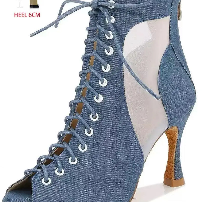 Adult Denim Latin Dance Shoes for Women Mesh Hollow Out Sandals Modern Jazz Boots Soft Sole Indoor Stage  Fish Mouth Ankle Boots