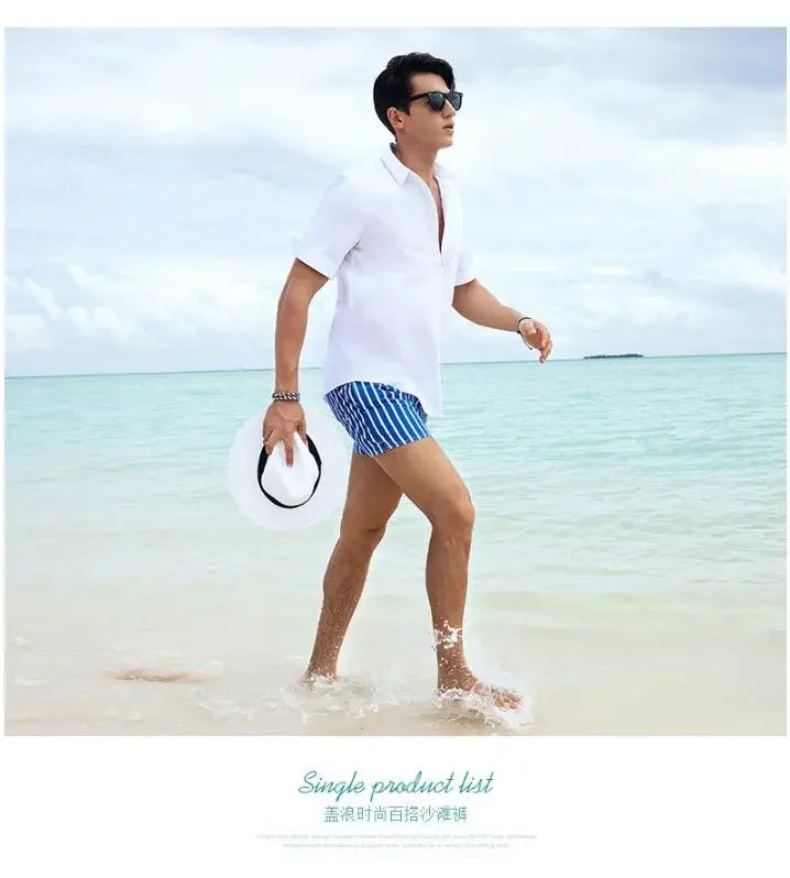 Striped Men Casual Shorts Beach Pants Board Short Quick Dry Sports Trunk Summer Seaside Beachwear Loose Homewear Sleeping Pajama