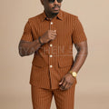 Navy Blue Striped Men Suits Chic Stand Collar Short Sleeves Wear Single Breasted Office Business Casual Male Suit 2 Piece