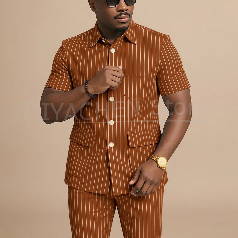 Navy Blue Striped Men Suits Chic Stand Collar Short Sleeves Wear Single Breasted Office Business Casual Male Suit 2 Piece