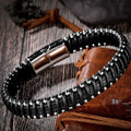 Braided Rope Woven Black Leather Men Bracelets Punk Style Stainless Steel Bangle for Friend Charm Fashion Jewelry Gifts