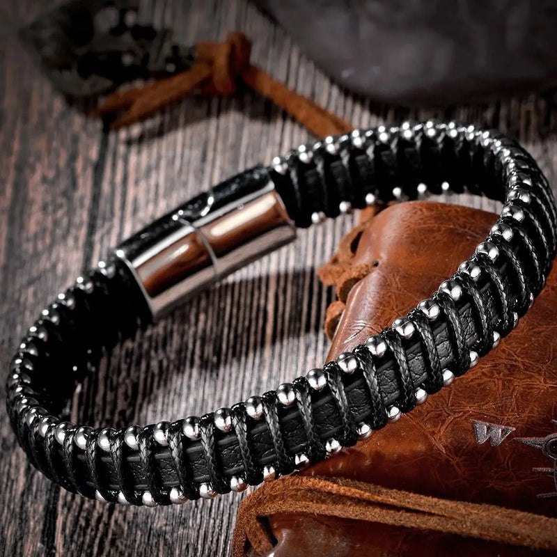 Braided Rope Woven Black Leather Men Bracelets Punk Style Stainless Steel Bangle for Friend Charm Fashion Jewelry Gifts