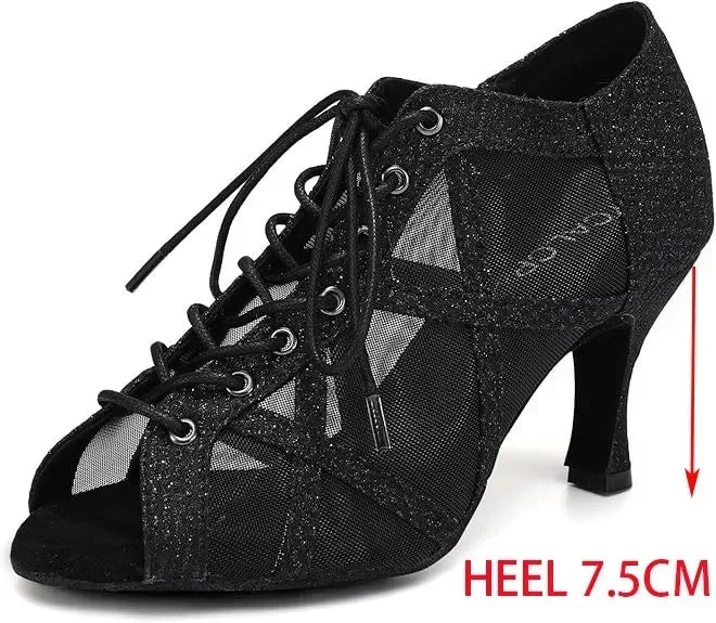 Black Latin Dance Shoes for Women Breathable Mesh Suede Sole Wedding Party Professional Ballroom Jazz Tango Training Dancing