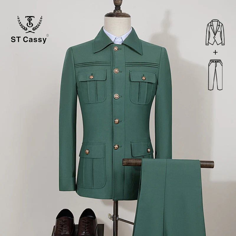 ST Cassy High Quality Safari Men's Suit Classic Fit Multi Buckle Multi Pocket Solid Color Casual Business Set Men's 2-Piece Set