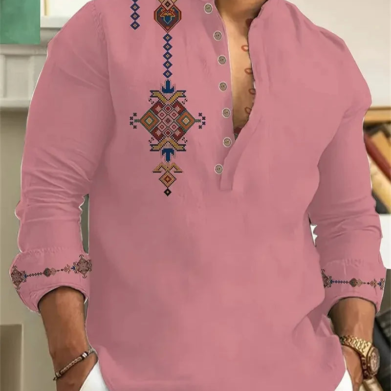 New Men's Henry Collar Linen Long Sleeve Casual Shirt | SAMAG