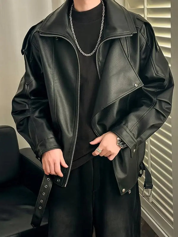 Men's Autumn High Colar Pu Leather Jacket American Retro Zipper Motorcycle Jacket Loose Fashion Atmosphere Asymmetrical Coat