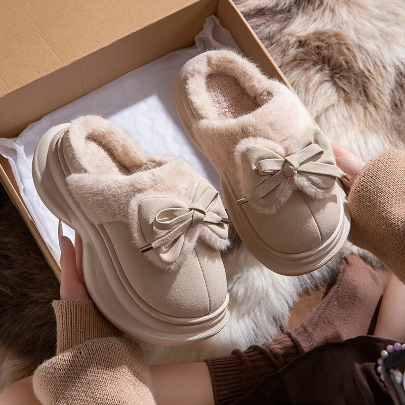 Bow Winter Women's Slippers Home Casual Plush Luxury Designer Woman Shoes Wedges Platform Fuzzy Fur Slides Fashion Soft Sole