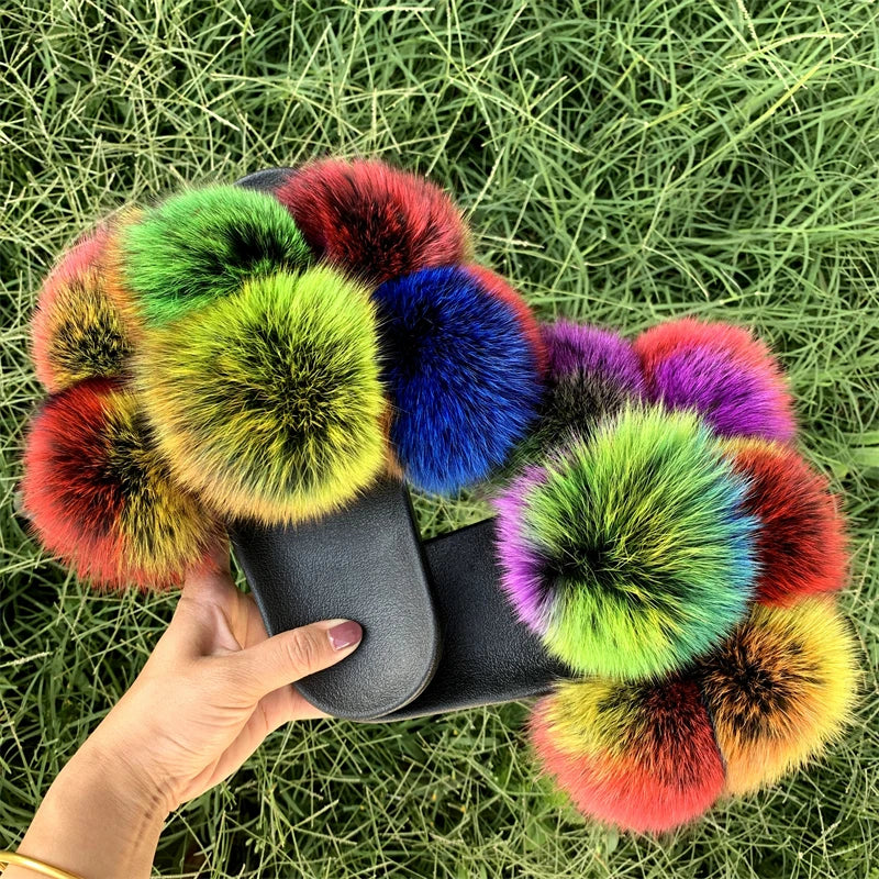 Fur Slides Factory Supply Mixed Color Pom Pom Six Balls Fox Fur Multi-Color Fluffy Fur Slippers For Women