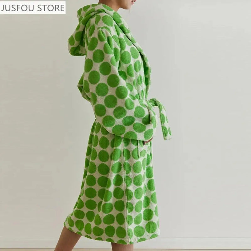 Retro Plaid Cotton Bathrobe Super Soft Absortion Hooded Loose Bath Robe Coat Towel V Neck Warm Sleepwear Robes Women Homewear