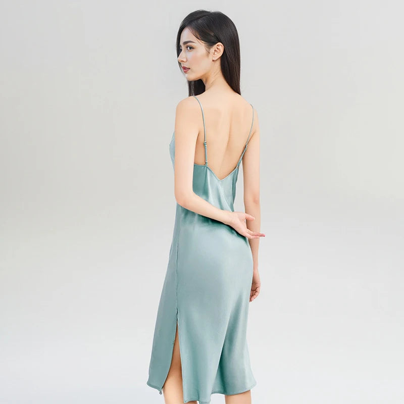 Winsleter-Women 16MM 100%Real Silk Elegant Nightgown, Sexy V Neck Solid, Backless Thin Chic Pajamas Dress, 2025 Summer P53623CC