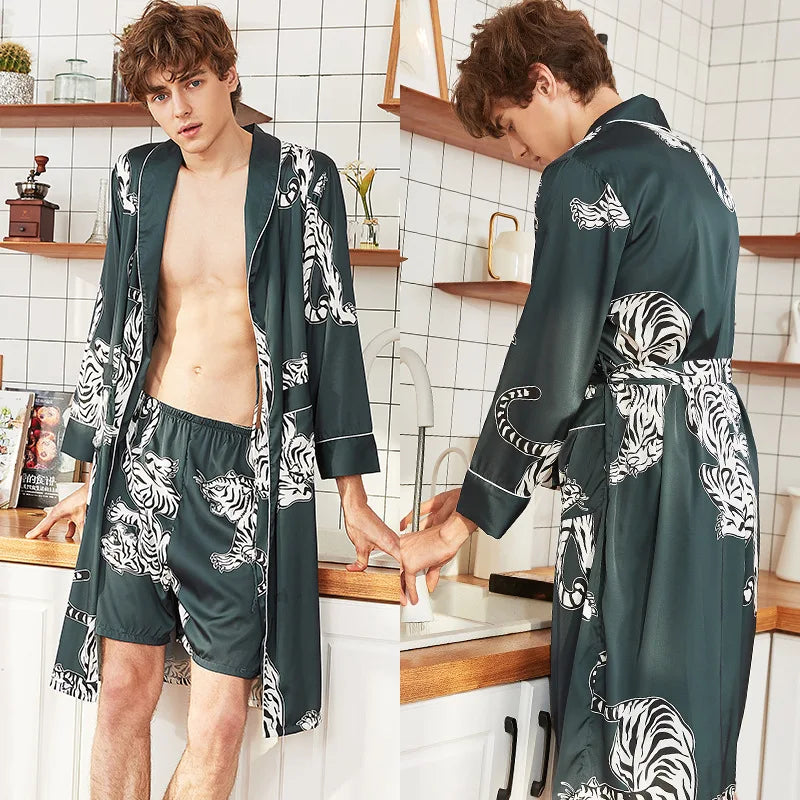 Traditional Japanese KIMONO Fashion YUKATA Oriental Gold Dragons Pattern Bathrobe Summer Men Ice Silk Robes Pajamas  Sleepwear