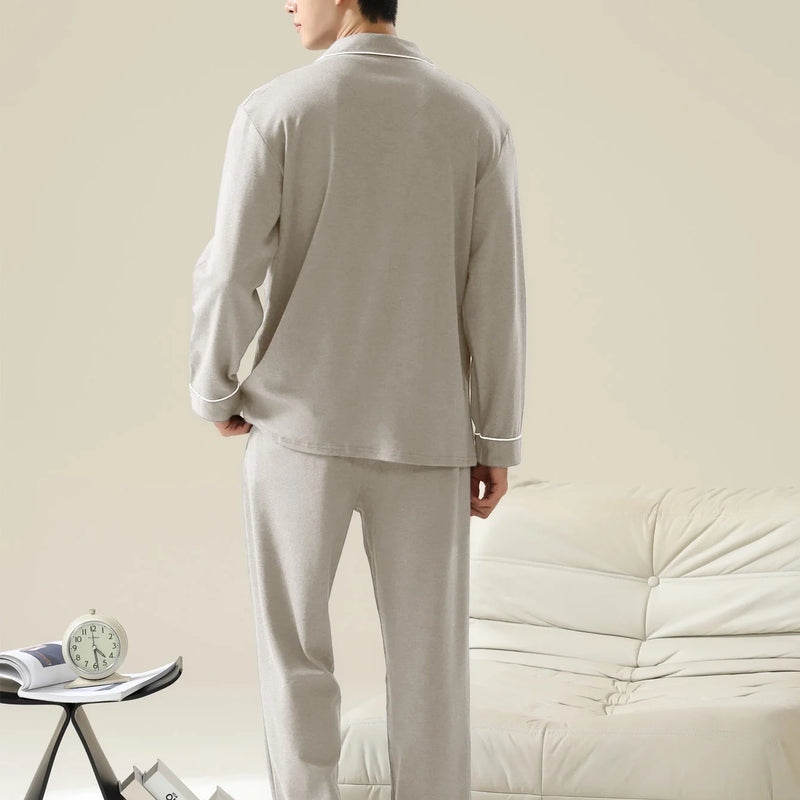 Men's 100% cotton long sleeved four season plus size men's sleepwear, teenage pure cotton home suit set for warmth