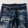 Men Holes Patchwork Denim Jeans Streetwear Dark Blue | SAMAG