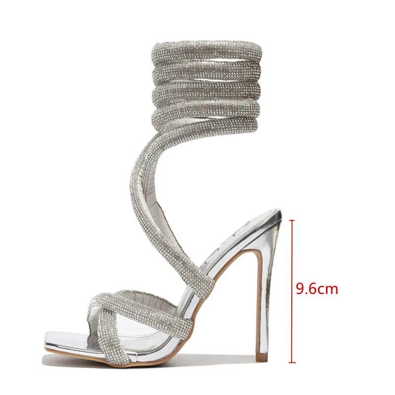 Luxury Rhinestones Women Sandals Sexy Ankle Strap Cross-tied Thin High Heeled Gladiator Sandals Fashion Summer Party Prom Shoes