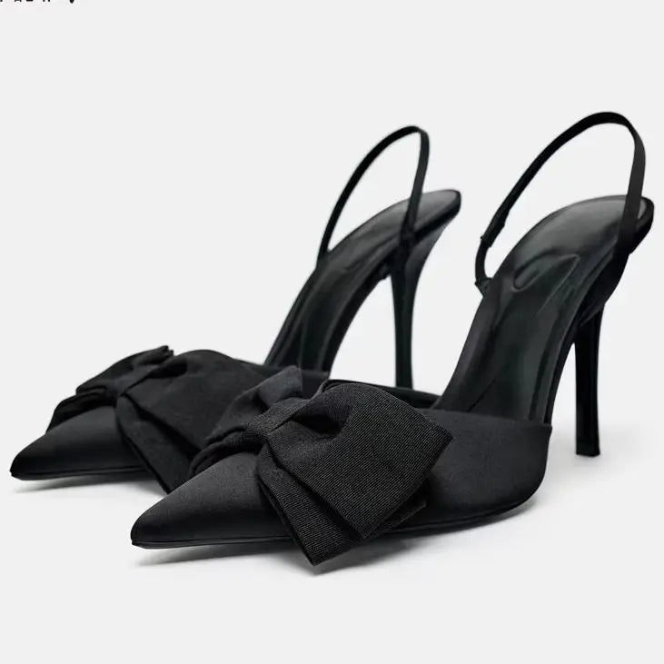 Spring 2026 Pointed Bow High Heels, Black Toe Sandals, Fashionable and Sexy Women's Shoes, Slim Heels