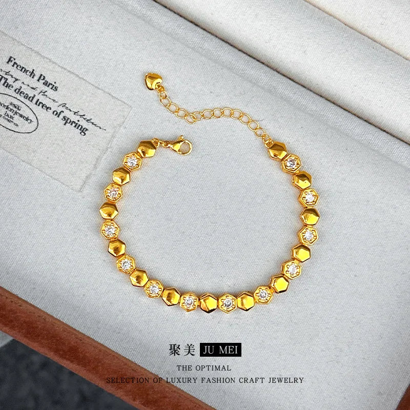Gold Shop Same Style 9999 24K Real Gold Women's Gold Bracelet Diamond Honeycomb Design Girlfriend Party Beautiful Jewelry