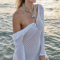 Vacation Casual Short Dress, Knit Hollow Out Long Sleeve Beach Cover-Up, Fitted Plain Style, Spring & Fall Fashion