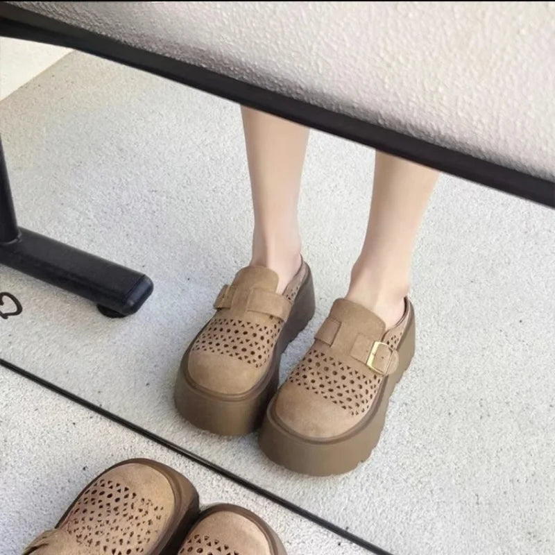 Women's Summer Perforated Mules | Retro Suede Adjustable Buckle Closed-Toe Slides | Platform Wedge Sandals for Height Boost