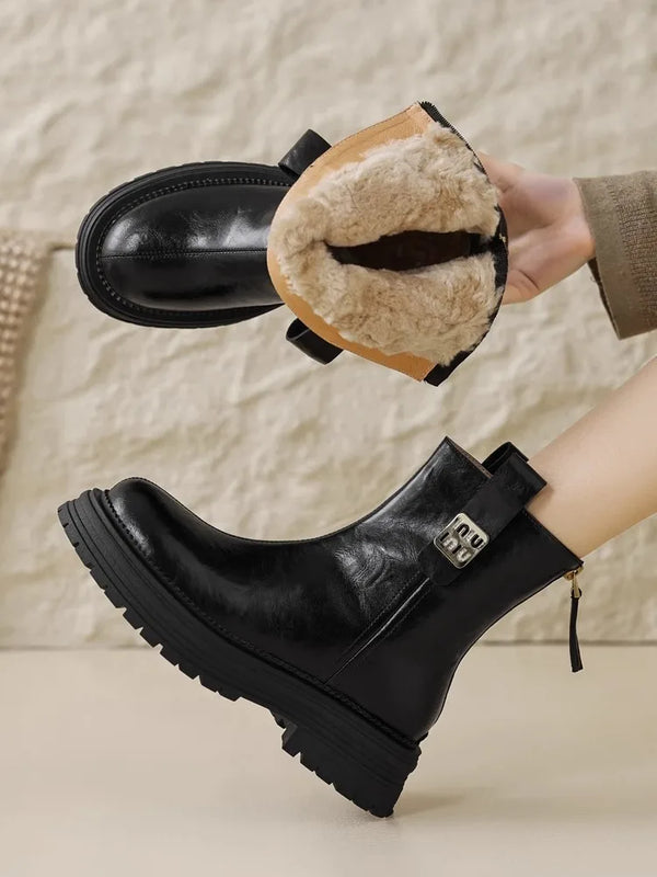 Autumn Winter New Women's Ankle Boots High Quality Wool Warm Platform Leather Boots British Chelsea High Heels Ladies Snow Boot