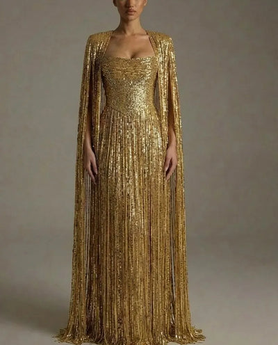 Ofherown Luxury Gold Sequin Evening Gown With Cape | SAMAG