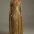 Ofherown Luxury Gold Sequin Evening Gown With Cape | SAMAG