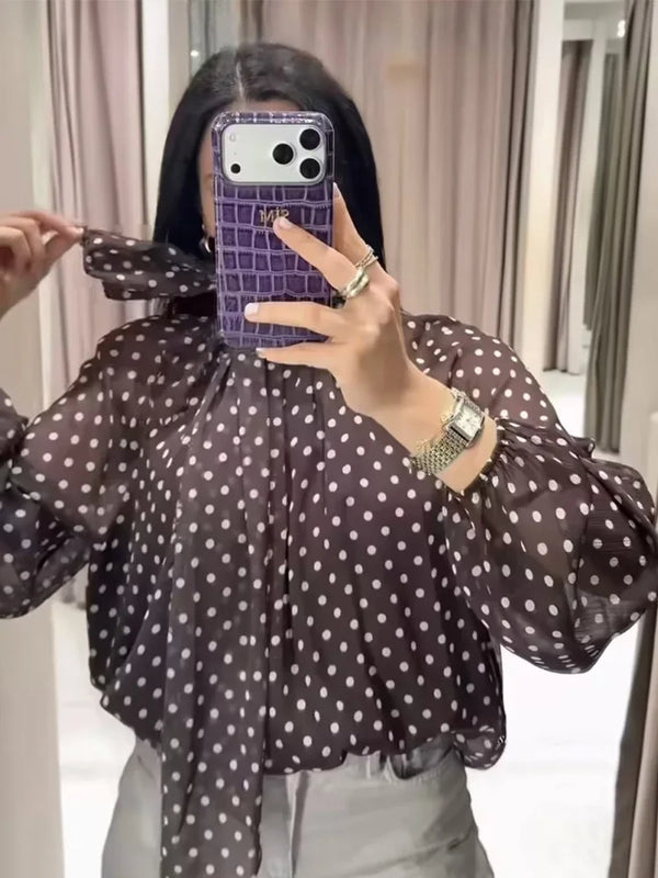 Women Polka Dot Print Blouse Casual High Collar Long - View 3 | SAMAG