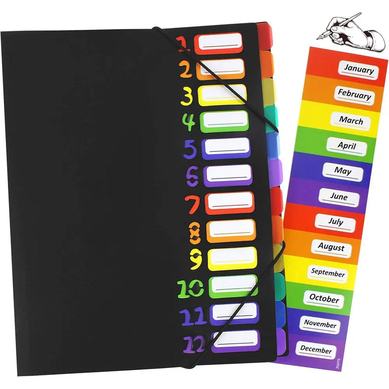 A4 expandable file folder with 12 compartments and 24 pockets, for organizing and storing documents and office supplies.