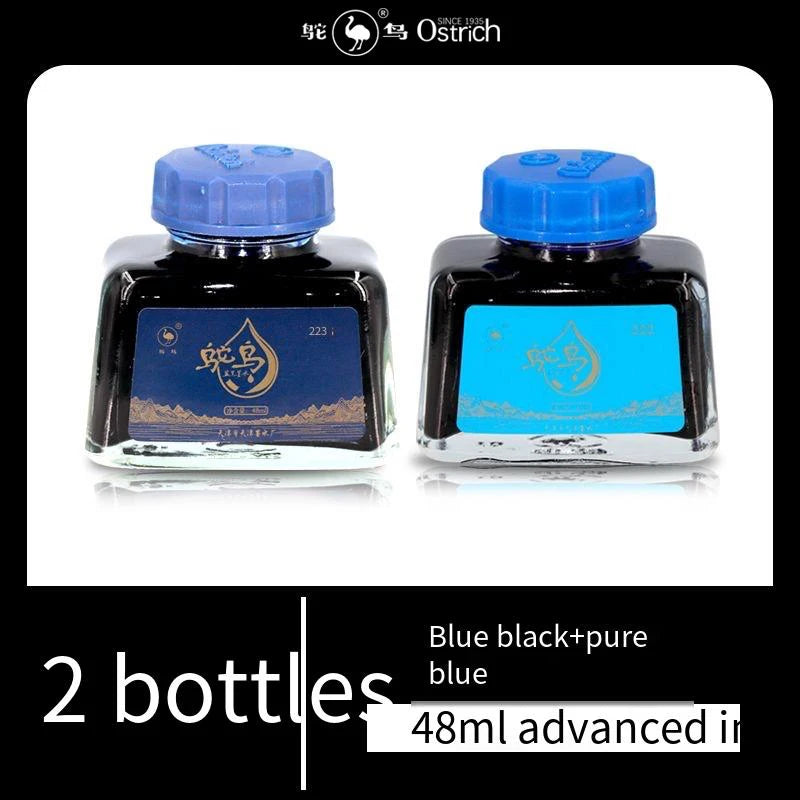 Ostrich 2-Series Fountain Pen Ink, 48ml - Non-clogging Carbon-Free in 4 Colors (Black/Blue/Blue-Black/Red)