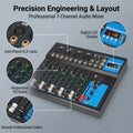 NXG F7 Professional Audio Mixer, 7-Channel Sound Console, Alloy Black, with USB Playback, PC Recording, XLR Mic Jack, RCA, for Live Streaming