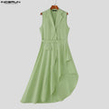 INCERUN Men Vests Solid Lapel Sleeveless Irregular Vests Men 2025 Ruffle Fashion Male Long Style Waistcoats With Belt Streetwear
