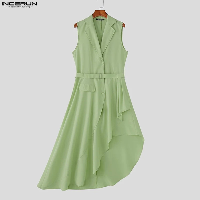 INCERUN Men Vests Solid Lapel Sleeveless Irregular Vests Men 2025 Ruffle Fashion Male Long Style Waistcoats With Belt Streetwear