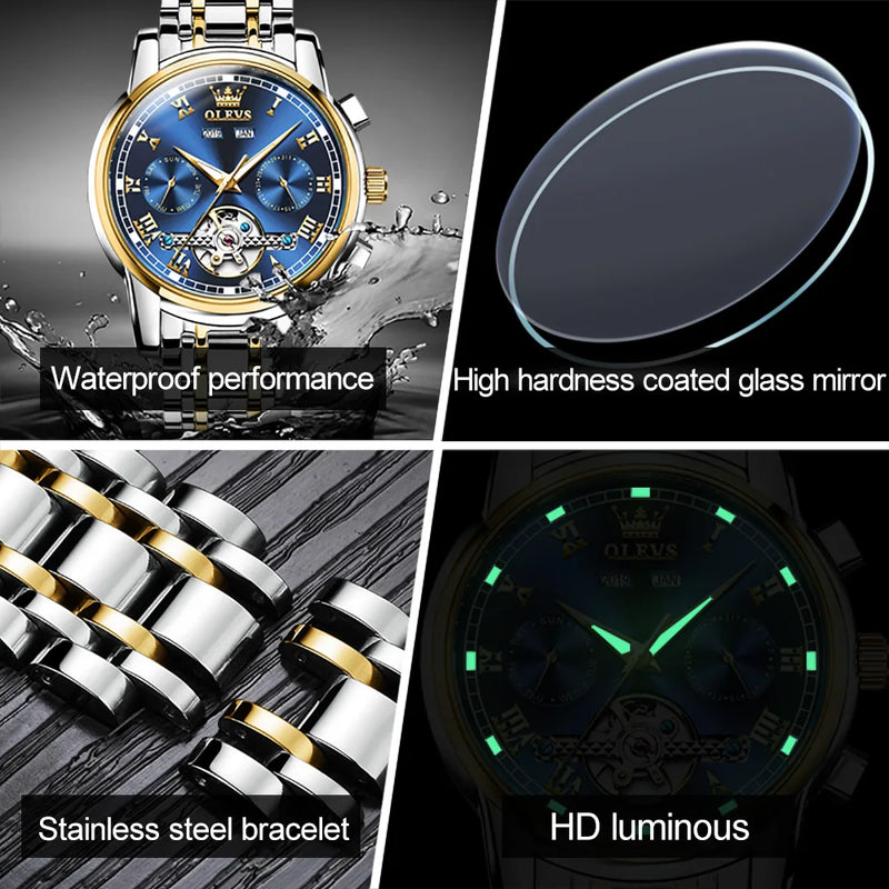 OLEVS 6607 Men's Watches Automatic Mechanical Business Wristwatch Calendar Waterproof Stainless Steel Strap Watch For Man
