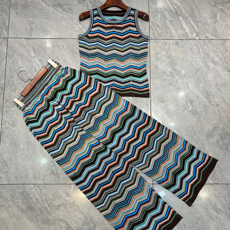Metallic Striped Pleated Printed Pants Set for Women Fashion 2026 Summer New Slim Fit Elastic Vest + Straight Pants 2-Piece Set