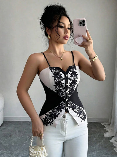 Women's Black White Lace Embroidery Cami Top V - Neck | SAMAG