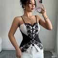 Women's Black White Lace Embroidery Cami Top V-Neck Spaghetti Strap Slim Fit Corset Style Camisole for Party, Daily & Club Wear