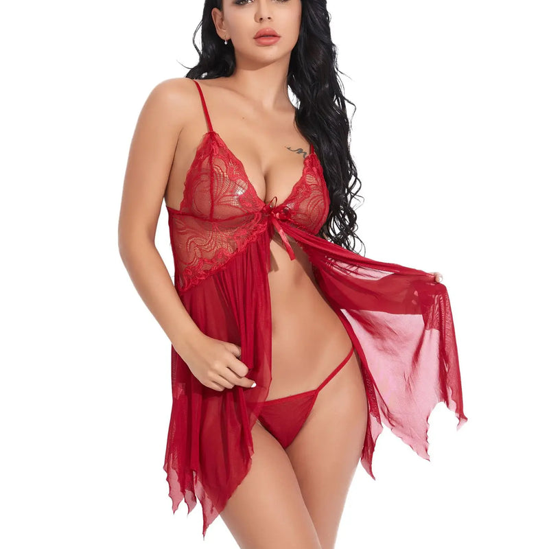 Sexy Lingerie Women Erotic Pajamas Hot Babydolls Lace Nightdress Sex Clothes Transparent Dress with Panties Nighties