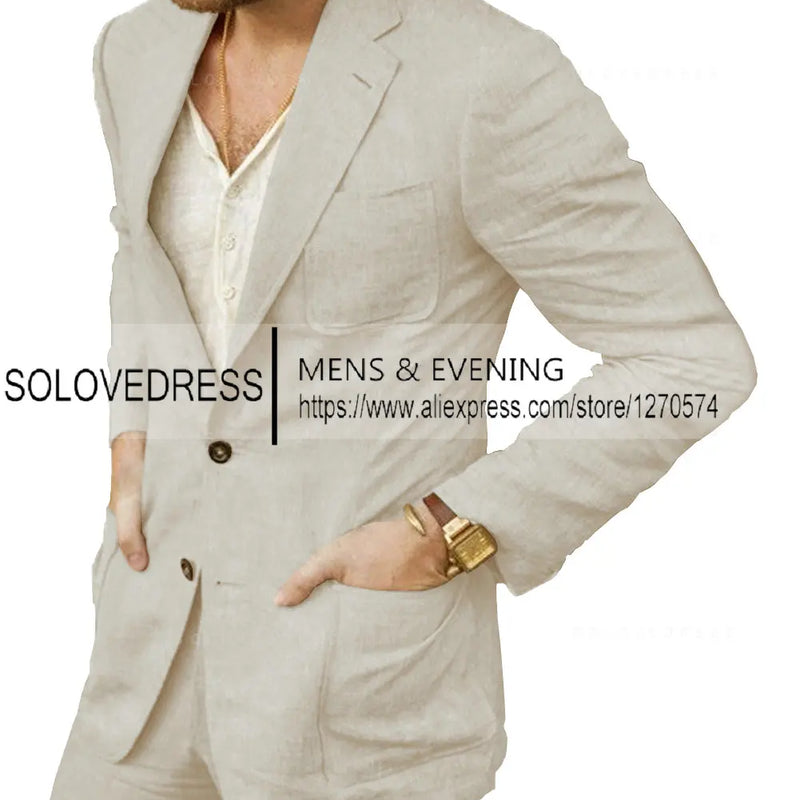 Summer Linen Suit Men Casual Party Classic Blazer Pants 2 Pieces Holiday Travel Tailor-made Breathable Cool Male Outfits